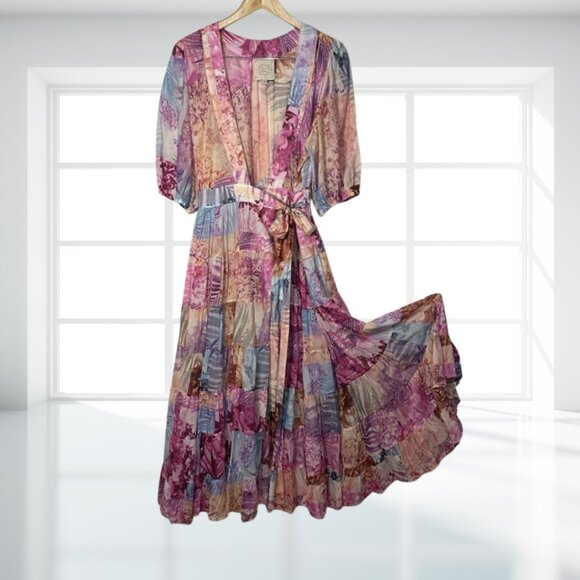 Johnny Was Jade Annalise Silk Blend Patchwork Floral Wrap Midi Dress M - Picture 4 of 13